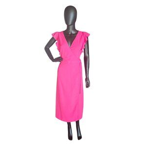 Hot Pink Flutter Sleeve Wrap Mid-Calf Dress - Who What Wear